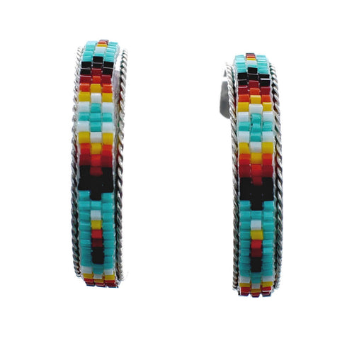 Sterling Silver Multicolor Beaded Navajo Post Hoop Earrings AX127620